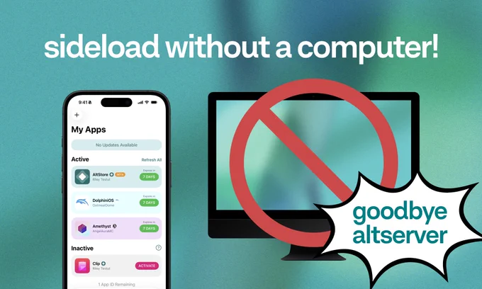 Promo Image for AltStore Classic 2.3b1 showing a phone on the left with AltStore open to the My Apps tab and a computer on the right crossed out and the words “sideload without a computer” above and “goodbye altserver” in the bottom corner