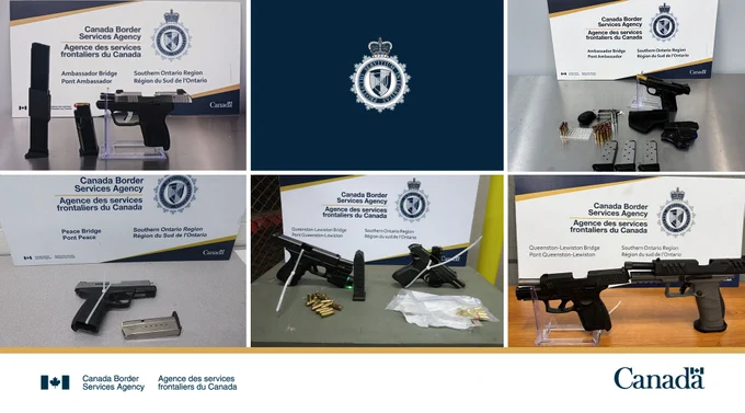 Collage of seized firearms and magazines.