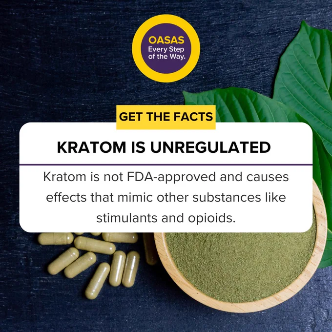 Kratom powder in a wooden bowl with capsules and green leaves with text highlighting that it's unregulated and not FDA-approved and causes effects that mimic other substances like stimulants and opioids. 