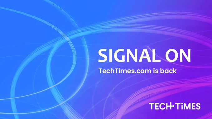 A widescreen graphic with a smooth blue-to-purple gradient background, overlaid with flowing translucent white and light-blue curves that resemble radio waves or signal ripples. On the right side, large white uppercase text reads
   "SIGNAL ON," with "TechTimes.com is back" in smaller text below it. The TECH TIMES wordmark sits in the bottom-right corner.