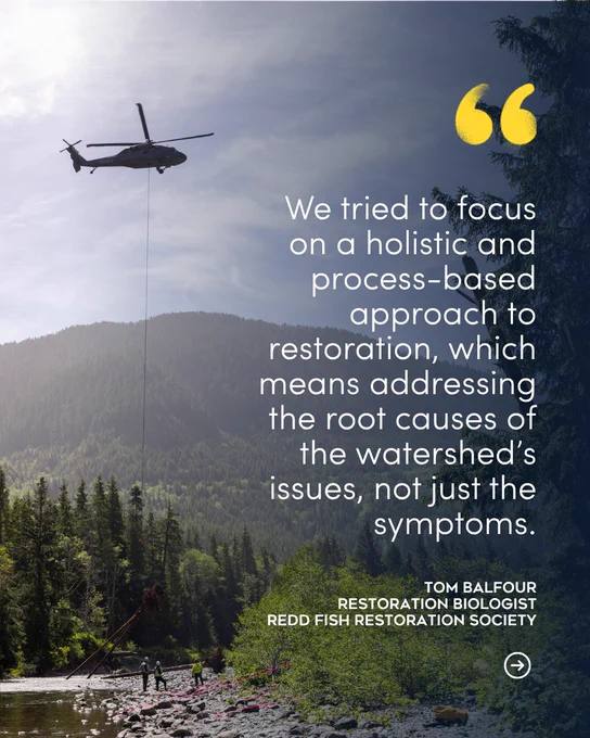 A helicopter aids in an environmental restoration project over a forested area, highlighting a process-based approach. The mood is proactive and informative.