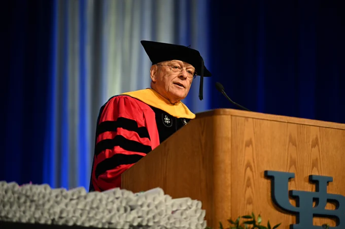 Professor Graham Colditz, a SUNY Honorary Degree recipient, gives remarks at the School of Public Health and Health Professions commencement. 