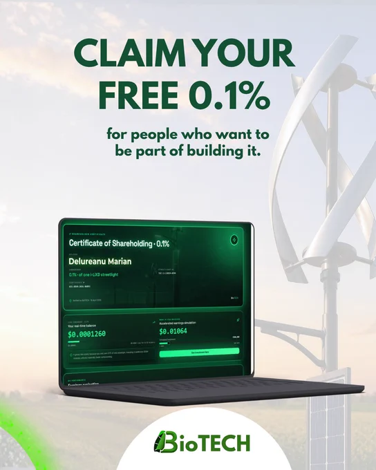 No catch. No payment required to start.

By joining, you receive a Shareholder Certificate for 0.1% of a real i-LiXD smart streetlight in Tuzla and access to the beginning of something much bigger:

📷 real-world energy infrastructure
📷 live technical & performance dashboard
📷 a gateway into decentralized energy systems
📷 direct access to future allocations & updates

Why are we doing this?
Because we believe the future of infrastructure should be more accessible. Not only for institutions. But for people who want to be part of building it.

0.1% may sound small.
But every transformation starts somewhere. Claim your free 0.1% → https://www.biotech.srl/auth