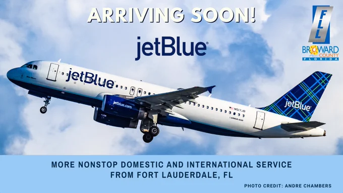Arriving Soon JetBlue
More nonstop domestic and international service from Fort Lauderdale, Florida
FLL, Broward County, Florida
A JetBlue aircraft taking off from Fort Lauderdale-Hollywood International Airport.
Photo Credit: Andre Chambers