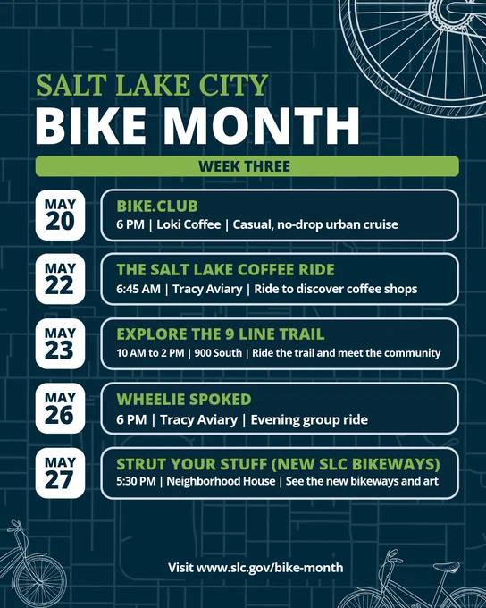 Event schedule graphic for Salt Lake City Bike Month Week Three. The background is dark blue with a street map pattern and line-art bicycles. Listed events are: May 20, BIKE.CLUB, 6 PM at Loki Coffee, a casual, no-drop urban cruise. May 22, THE SALT LAKE COFFEE RIDE, 6:45 AM at Tracy Aviary, a ride to discover coffee shops. May 23, EXPLORE THE 9 LINE TRAIL, 10 AM to 2 PM at 900 South, a ride the trail and meet the community. May 26, WHEELIE SPOKED, 6 PM at Tracy Aviary, an evening group ride. May 27, NEW SLC BIKEWAYS CELEBRATION, 5:30 PM at Neighborhood House, see the new bikeways and art. Bottom text: Visit www.slc.gov/bike-month.