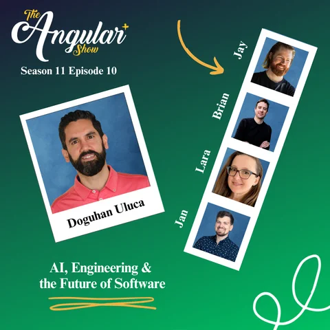 The Angular  Show logo. “Season 11 Episode 10 Agile Engineering: How to integrate DevOps and continuous delivery specifically within Angular workflows with Doguhan Uluca”  Photos of Hosts  in the style of a Photo Booth:  Lara Newsom, Jan-Niklas Vortmann, Jay Bell and Brian Love."  Photo of Doguhan  in the style of a polaroid picture. 