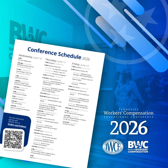 Conference schedule graphic for the 2026 Tennessee Workers’ Compensation Educational Conference, featuring a detailed session agenda and event branding on a blue background.