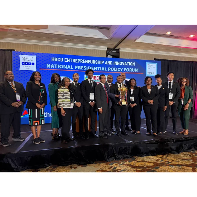 (From left to right: Dr. Harold Lundy, Jr., Assistant Professor; Rashada Houston Turner, Associate Instructor; President Marva Johnson; Dr. Shawnta Friday-Stroud, Endowed Professor; Carson Jones, Student; Kenneth Darien, Student; Dr. Mohammed Bhuiyan, Leadership Needed Foundation; Retired General Larry Ellis, Leadership Needed Foundation; Joshua Nickerson, Student; Dr. Ira W. Bates,  Interim Dean; Junita McDaniel, Student; Christina Owens, Student; Tyosha Sheppard, Student; Jakobi Wooten, Student; Dr. Phylicia Taylor, Assistant Professor)