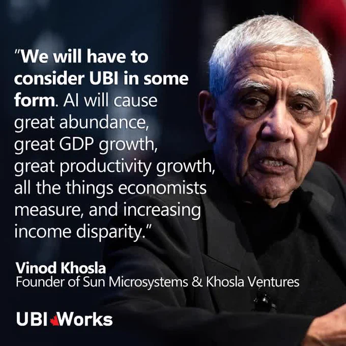 Vinod Khosla portrait with quote warning AI will boost growth but increase inequality, requiring UBI in some form.