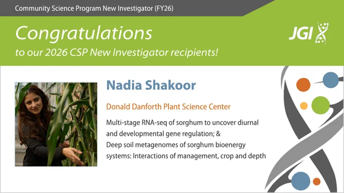 Community Science Program New Investigator (FY26) Congratulations to our 2026 CSP New Investigator recipients! Nadia Shakoor Donald Danforth Plant Science Center Multi-stage RNA-seq of sorghum to uncover diurnal and developmental gene regulation; & Deep soil metagenomes of sorghum bioenergy systems: Interactions of management, crop and depth.