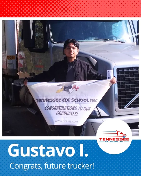 Graduate holding a Tennessee CDL School banner in front of a large semi-truck, celebrating trucking school completion.
