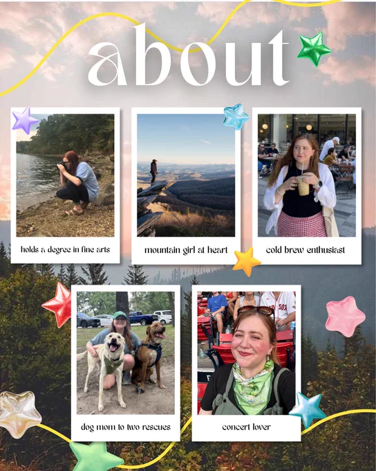 holds a degree in fine arts, mountain girl at heart, cold brew enthusiast, dog mom to two rescues, concert lover
