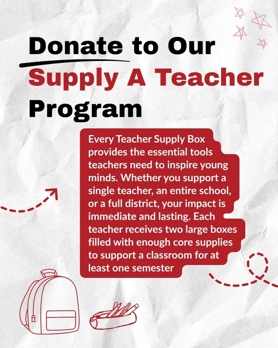 Donate to Our Supply A Teacher Program
Every Teacher Supply Box provides the essential tools teachers need to inspire young minds. Whether you support a single teacher, an entire school, or a full district, your impact is immediate and lasting. Each teacher receives two large boxes filled with enough core supplies to support a classroom for at least one semester
