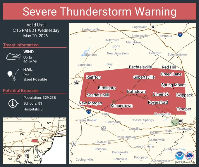 This graphic displays a severe thunderstorm warning plotted on a map. The warning is in effect until 5:15 PM EDT. The warning includes Pottstown PA, Trooper PA and Birdsboro PA.  This warning is for Southeastern Berks County in eastern Pennsylvania, Northwestern Montgomery County in southeastern Pennsylvania and Northeastern Chester County in southeastern Pennsylvania. The threats associated with this warning are wind gusts up to 60 MPH and pea sized hail. There are 329,238 people in the warning along with 81 schools and 3 hospitals.
