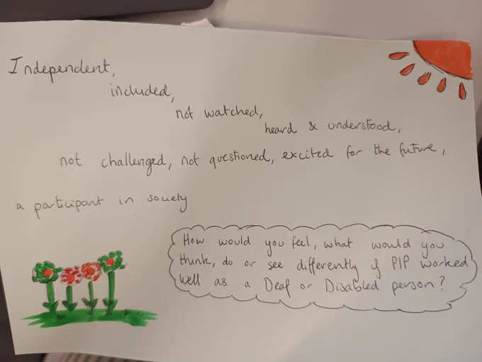 A piece of paper with a colourful drawing of a sun and flowers. On it is written "How would you feel, what would you think, do or see differently if PIP worked well as a Deaf or Disabled person? Independent, included, not watched, heard & understood, not challenged, not questioned, excited for the future, a participant in society."