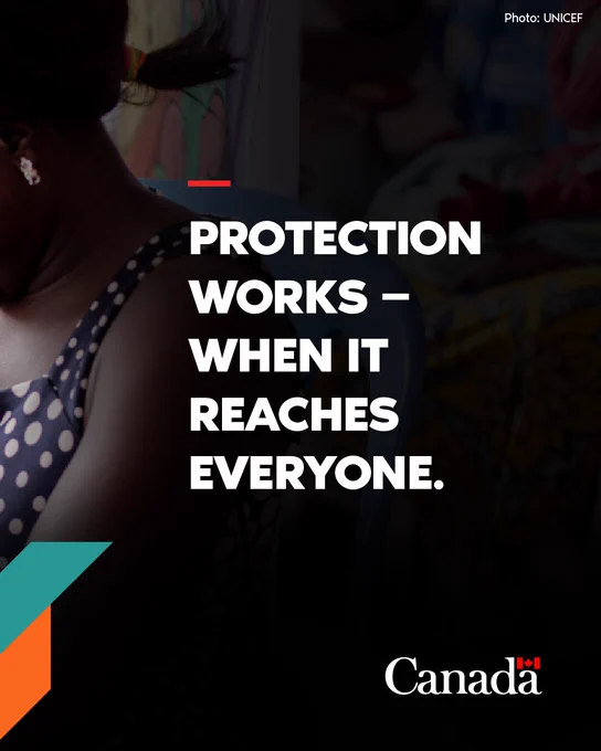 Close-up of a woman in a polka-dot dress with the message 'Protection works – when it reaches everyone' and the Canada logo.