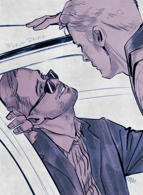 Jacob Palmer (from Crazy, Stupid, Love.) wearing sunglasses and a collared shirt leans against the open door of a car, looking up at Driver (from the film Drive 2011). Jacob has a slight smug smile. The drawing uses muted colors and sketch-like lines.