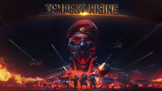 The title card for Tempest Rising, showing a lot of tanks, aircraft and missiles.