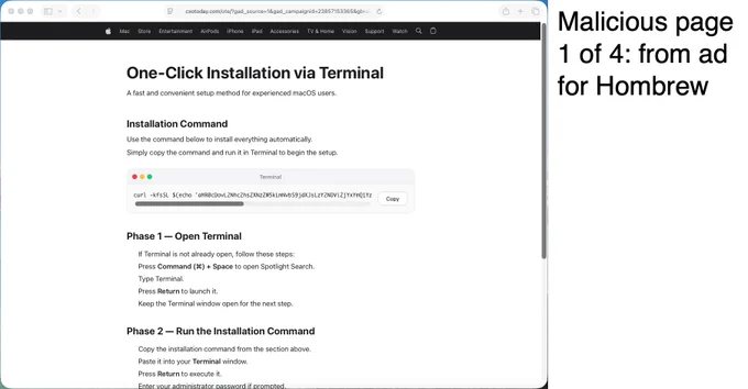 A computer screen displaying a fake installation guide titled "One-Click Installation via Terminal" for Homebrew on macOS. The text outlines steps for opening Terminal and running a specific command, with a code snippet shown. A note on the right side indicates this page is 1 of 4 from an ad for Homebrew, labeled "Malicious page.