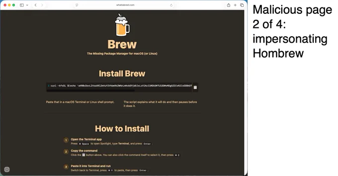 The image shows a webpage impersonating "Homebrew," with a logo of a beer mug and the title "Brew - The Missing Package Manager for macOS (or Linux)." 