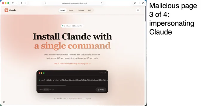 The image shows a webpage titled "Install Claude with a single command." It includes instructions for using a terminal command to install Claude, with a highlighted code snippet. The page has a note on the side that reads, "Malicious page 3 of 4: impersonating Claude."