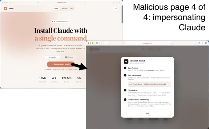 The image shows two fake webpages spoofing "Claude." The top left webpage offers an "Install Claude" option with a download button. The bottom right page shows installation steps for "Claude on macOS." The annotation in the top right corner reads, "Malicious page 4 of 4: impersonating Claude."