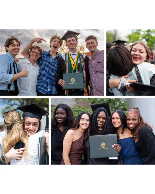 This image is a collage of graduation celebrations. The top section shows four individuals, one wearing a cap and gown and holding a diploma with happy expressions. In the bottom-left, a person in a cap and gown hugs someone. The bottom-right features a group of four individuals, two holding a diploma, smiling at the camera.