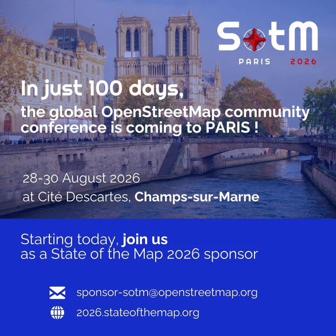 
OpenStreetMap international community event ‘State of the Map 2026’ in Paris, 28–30 August at Cité Descartes, Champs‑sur‑Marne (near Paris, France)