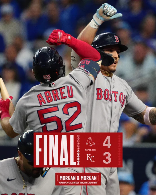 Final score from May 20, 2026
Red Sox 4 Royals 3

IMAGE: Final score graphic featuring a photo of Jarren Duran jumping in the air celebrating with Wilyer Abreu in front of the dugout after Jarren hit a home run.