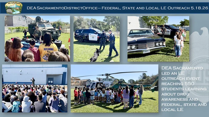 Photo collage with five photos of DEA and law enforcement partners educating students about drug awareness.