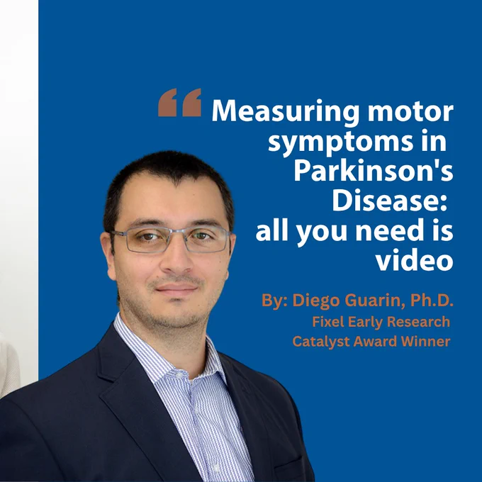 Professional headshot of Diego Guarin, Ph.D., with the title of his presentation " Measuring motor symptoms in Parkinson's Disease: all you need is video"