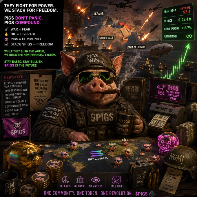 Hyper-detailed cinematic War Pigs meme showing a tactical pig commander sitting in a dystopian war room overlooking global conflict zones. Missiles, drones, burning oil rigs, and naval ships surround a world map marked with Ukraine, the Middle East, and the Strait of Hormuz. The pig wears sunglasses reflecting green crypto charts and tactical gear labeled $PIGS while stacks of money, Solana branding, propaganda signs, and military satire fill the scene. The atmosphere mixes war profiteering, financial chaos, meme culture, and bullish crypto energy.
