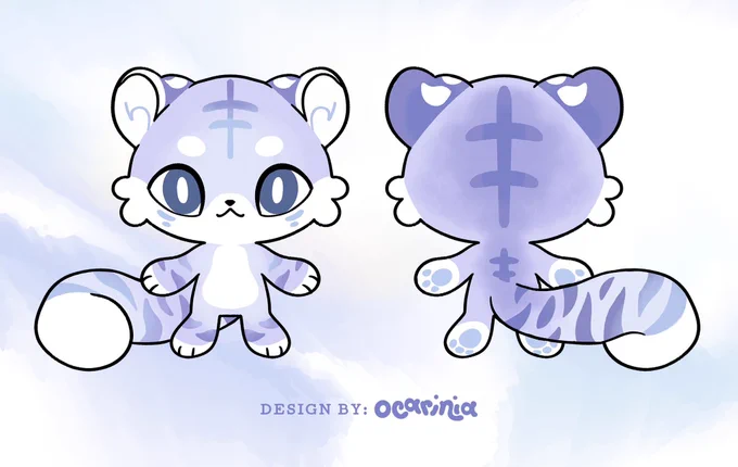Front and back reference sheet of a small tiger mascot with a large, fluffy tail. He has lavender and white fur and slightly darker, purple stripes. His paws and brows are white, with light blue paw pads. It reads: "Design by: ocarinia"