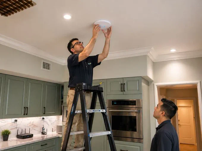 Technician installing ceiling‑mounted Wi‑Fi access point in a home, highlighting professional network design for better coverage and reliable connectivity.