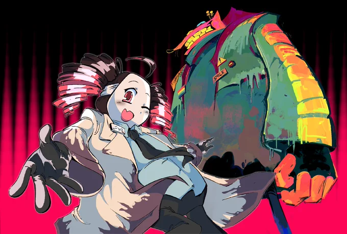 Illustration of Dr. Clicky in a 2000's anime art style and Mizzus Habitat in a blocky, messy painterly style. Dr is winking and reaching his hand out to the viewer, while Mizzus looms in the background, grinning. The background is black with hot pink stripes.