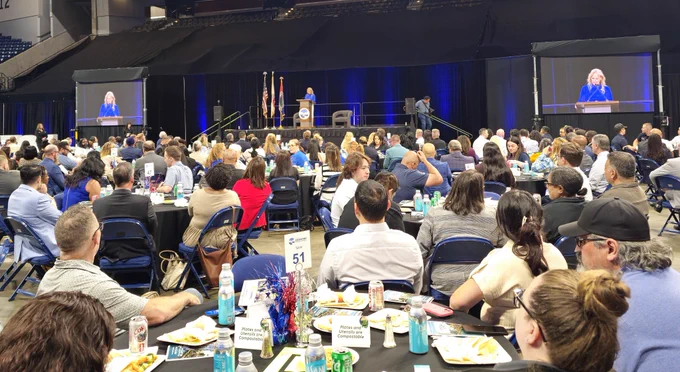 Stockton Mayor and San Joaquin Council of Governments Board Chair Christina Fugazi speaks to the sold-out crowd for the Stockton State of the City event at Adventist Health Arena in downtown Stockton.