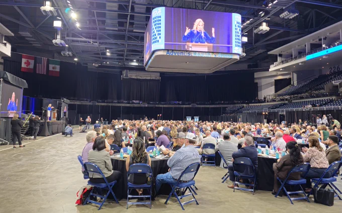 Stockton Mayor and San Joaquin Council of Governments Board Chair Christina Fugazi speaks to the sold-out crowd for the Stockton State of the City event at Adventist Health Arena in downtown Stockton.
