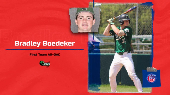 Dallas College Brookhaven baseball's Bradley Boedeker (spotlight headshot and standing in batter's box with bat held above shoulder) was named First Team All-Dallas Athletic Conference.