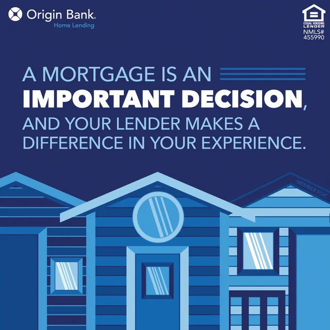 A graphic featuring a blue house illustration with text stating, "A mortgage is an important decision, and your lender makes a difference in your experience."
