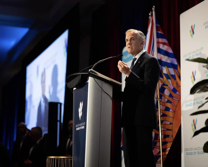 Prime Minister Carney participates in a discussion in Vancouver, British Columbia.