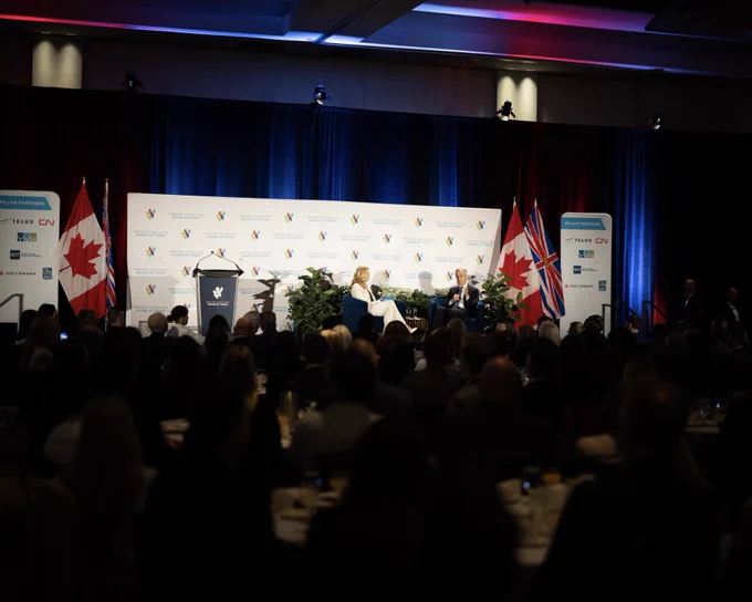 Prime Minister Carney participates in a discussion in Vancouver, British Columbia.