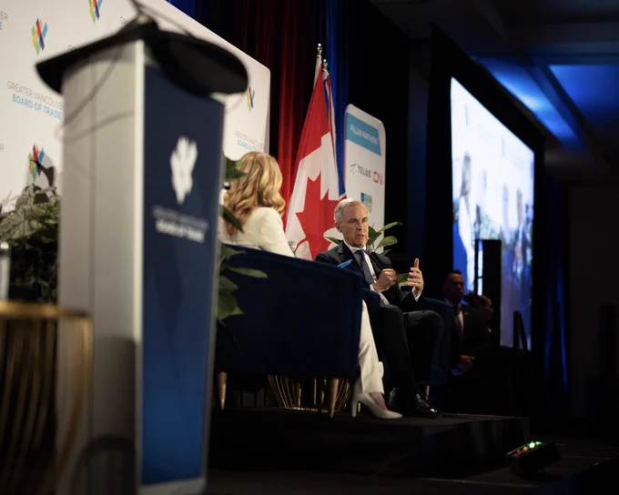 Prime Minister Carney participates in a discussion in Vancouver, British Columbia.