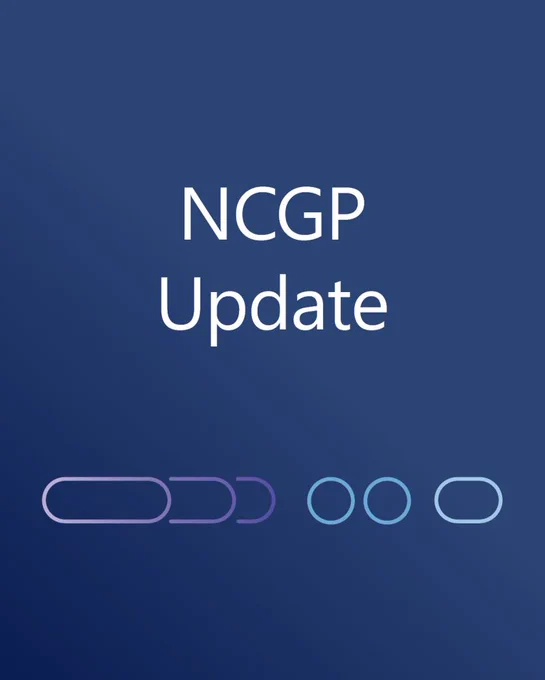 Graphic with a dark blue gradient background and the words “NCGP Update” in large white text centred on the image. Decorative rounded shapes in purple and light blue form a simple horizontal pattern along the bottom.