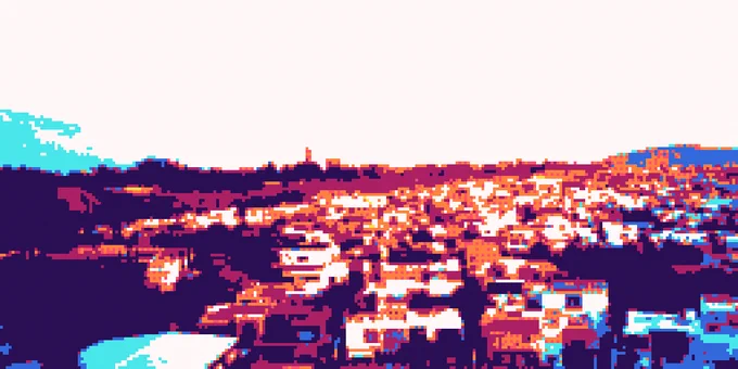 A low spec pixel art view of a neighborhood in Zapopan, Jalisco. Low resolution, pixelated aesthetic. Taken with an actual Pixless Camera.