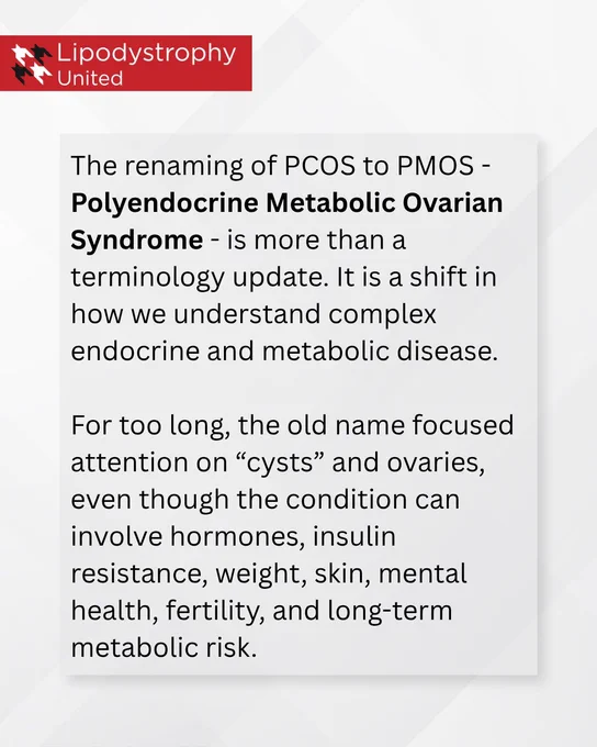 Lipodystrophy United branded graphic with text explaining that the renaming of PCOS to PMOS, Polyendocrine Metabolic Ovarian Syndrome, is more than a terminology update. The text says it represents a shift in understanding complex endocrine and metabolic disease and notes that the old name focused attention on cysts and ovaries, even though the condition can involve hormones, insulin resistance, weight, skin, mental health, fertility, and long-term metabolic risk.

