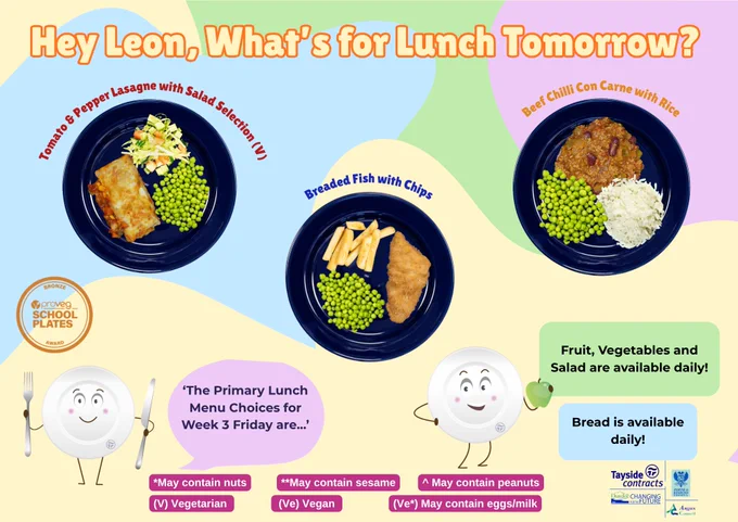 School lunch menu for Friday Week 3, showing three meal options: lasagne, fish and chips, and chilli con carne.