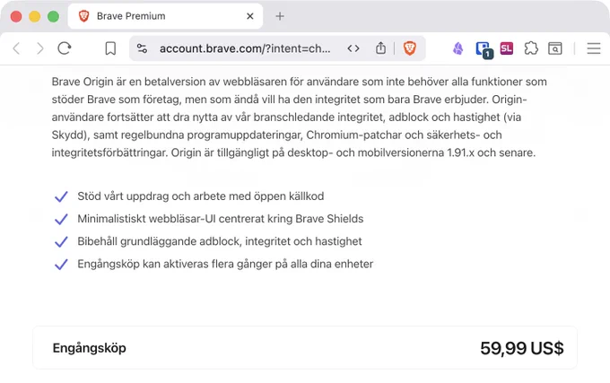 Skärmavbild av Brave Origin-inställningssidan som visar texten ”engångsköp: 59,99 USD”.