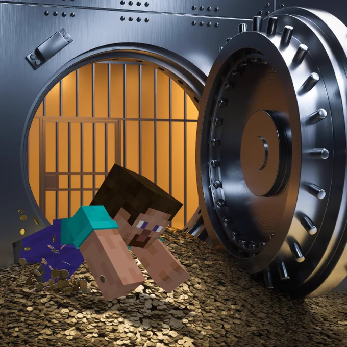 A Minecraft character diving into a sea of gold coins