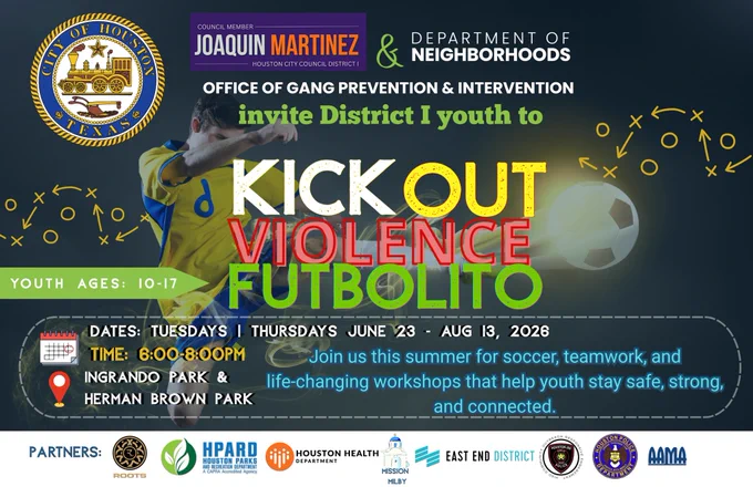 Flyer promoting “Kick Out Violence Futbolito,” a summer soccer and life‑skills program for District I youth ages 10–17. Sessions run Tuesdays and Thursdays from June 23 to August 13, 2026, 6–8 p.m., at Ingrando Park and Herman Brown Park. Hosted by the Office of Gang Prevention & Intervention with community partners.