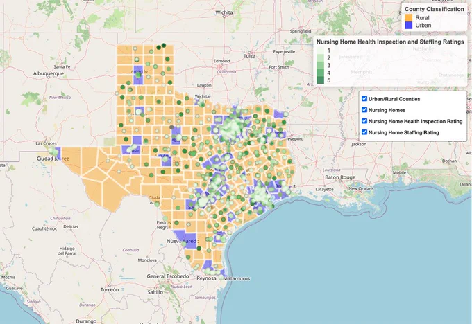 Interactive map of Texas titled “Nursing Home Health Inspection and Staffing Ratings,” showing rural counties in orange and urban counties in purple, with green markers across the state representing nursing home rating locations. Layer controls are visible for urban and rural counties, nursing homes, health inspection ratings, and staffing ratings.